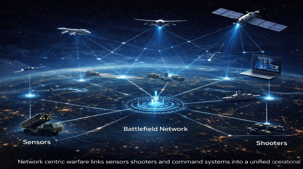 JADC2 network centric warfare system connecting sensors drones satellites and missile launchers across a digital battlefield network