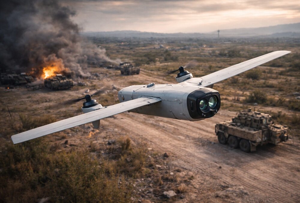 Loitering munition drone conducting battlefield surveillance and strike operations in modern precision warfare