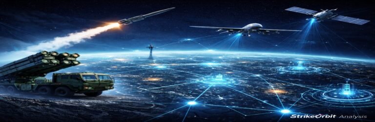 Illustration of modern military modernization showing precision strike missile launch autonomous drone surveillance and network centric warfare systems
