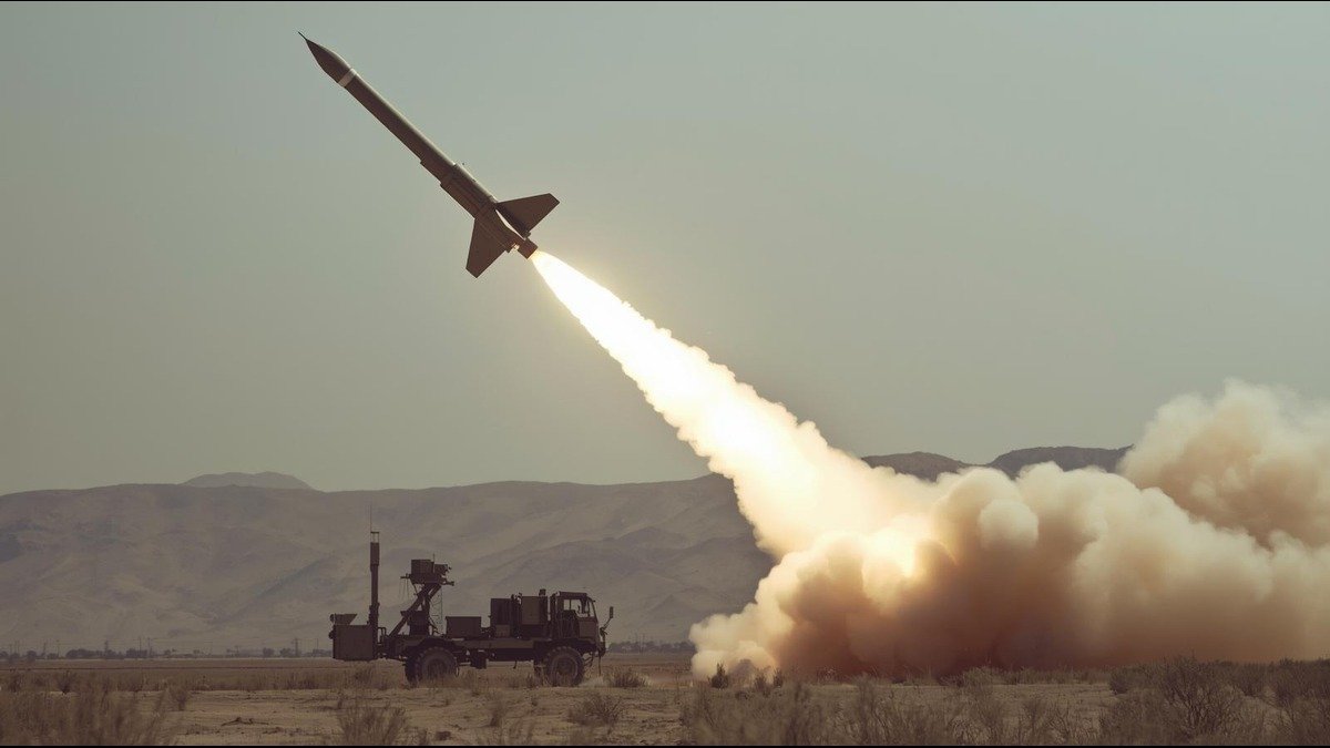 Cruise missile launch from a mobile ground launcher demonstrating long range precision strike capability in modern warfare