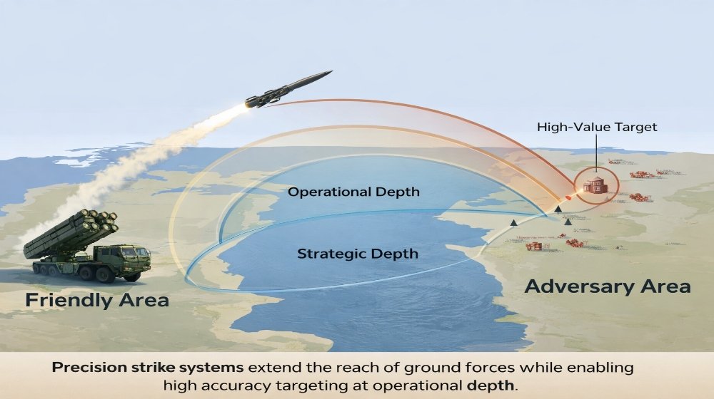 Precision strike missile targeting diagram showing extended operational range in modern warfare