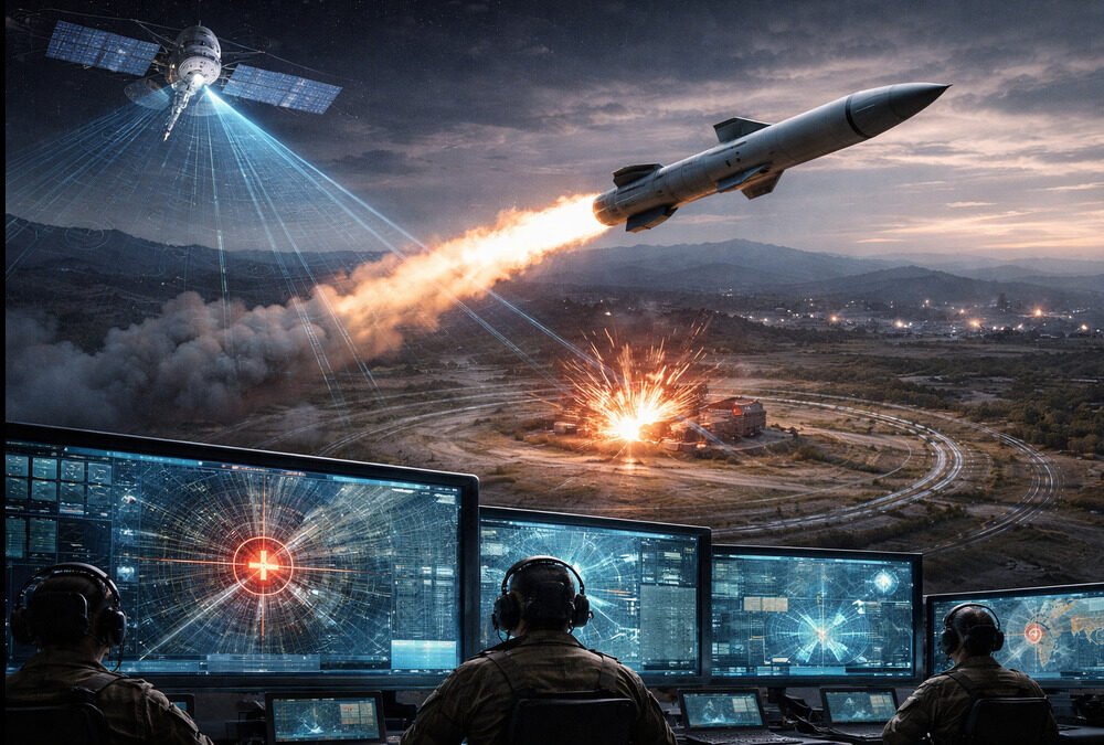 Satellite guided precision strike missile targeting a military facility using modern long-range strike technology