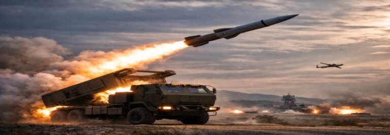 HIMARS launcher firing a precision strike missile demonstrating modern long-range precision warfare capability