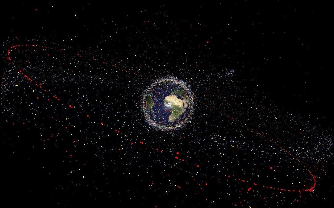 Visualization of space debris and satellites in Earth orbit showing collision risk