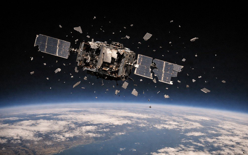 Damaged satellite in orbit with debris representing kinetic anti-satellite weapon impact