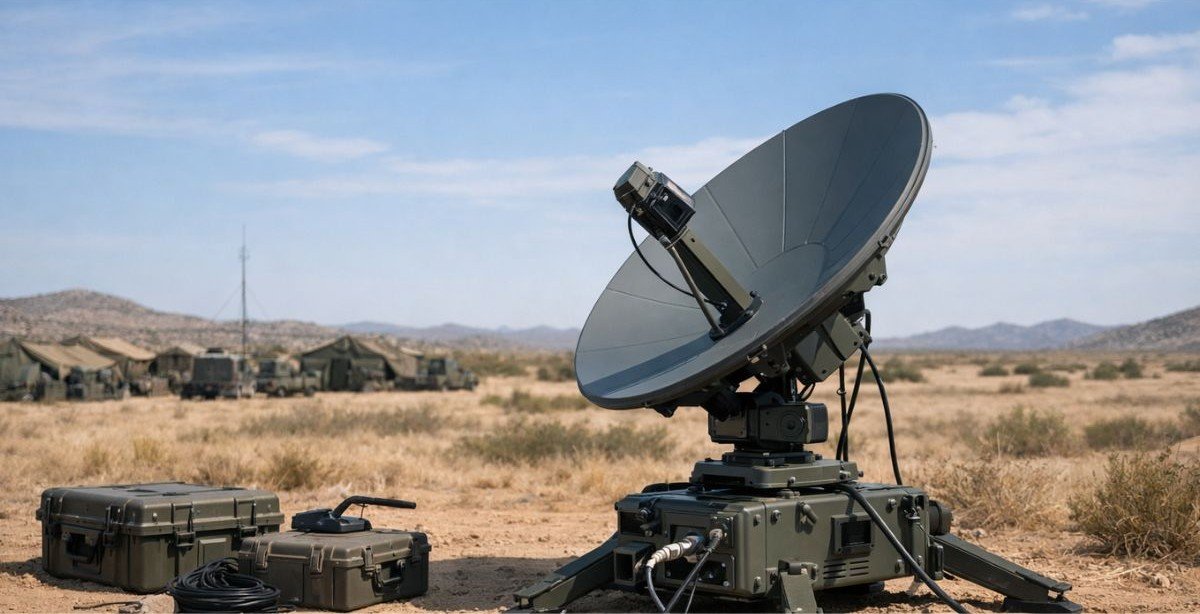 Military satellite communications terminal in field supporting battlefield connectivity