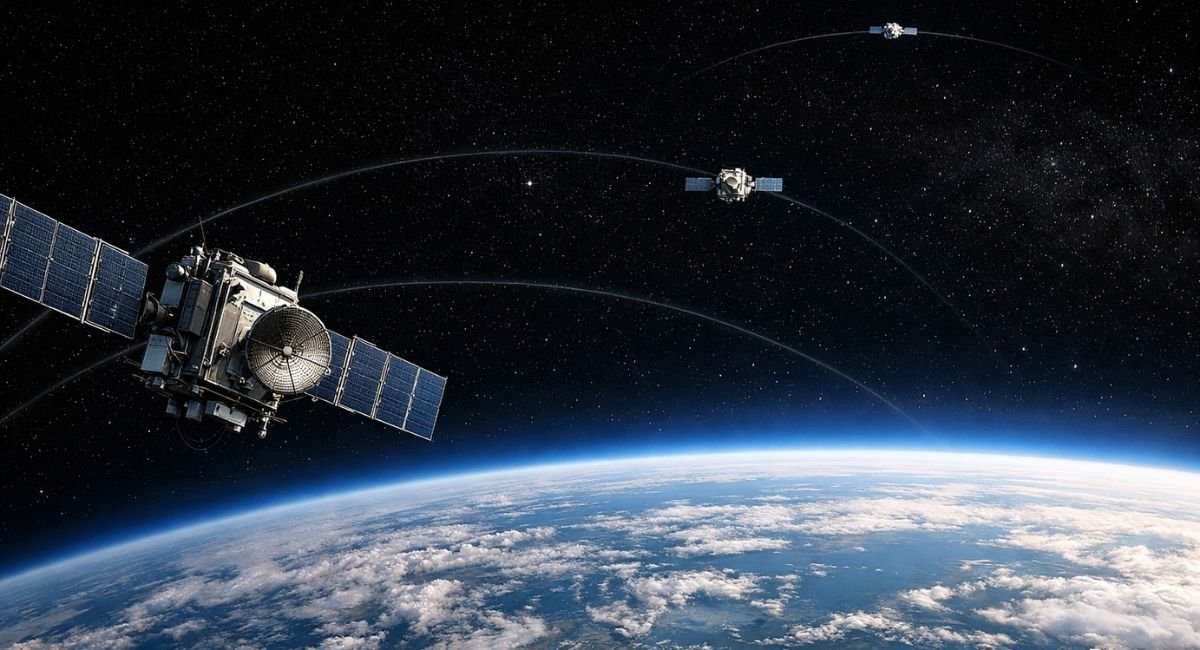 Multi-orbit satellite architecture representing future resilient military communications across LEO MEO and GEO orbital regimes