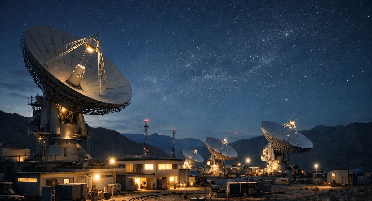 Satellite ground station infrastructure representing vulnerability of military satellite communications networks to cyber attack