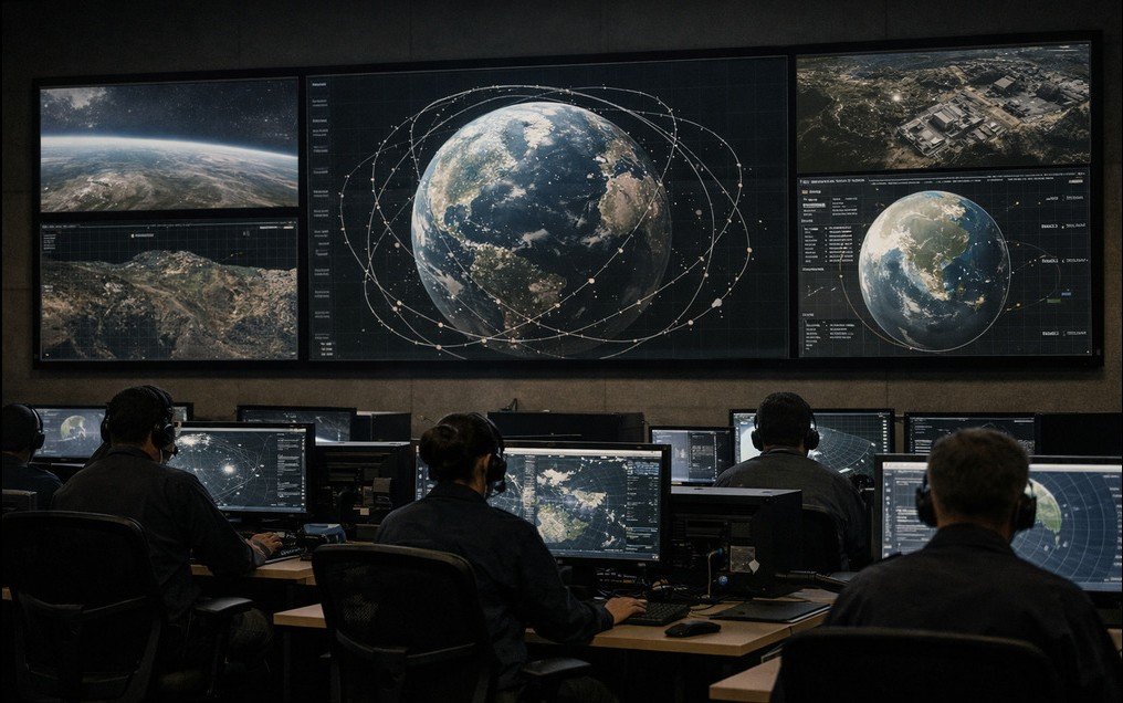 Space domain awareness command center monitoring satellite orbits and orbital activity in real time