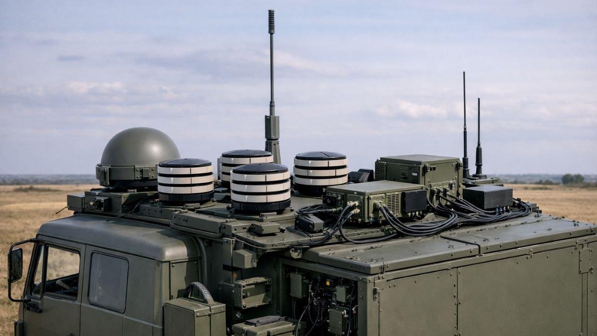 Military GPS receiver with anti-jam antenna technology representing resilience against electronic warfare jamming and spoofing in contested environments