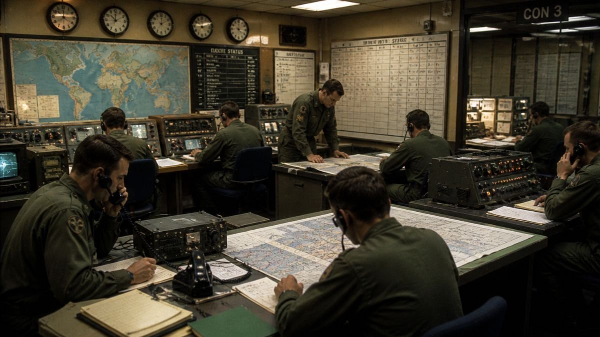 Military command post with analogue systems representing Cold War era domain-separated command architecture