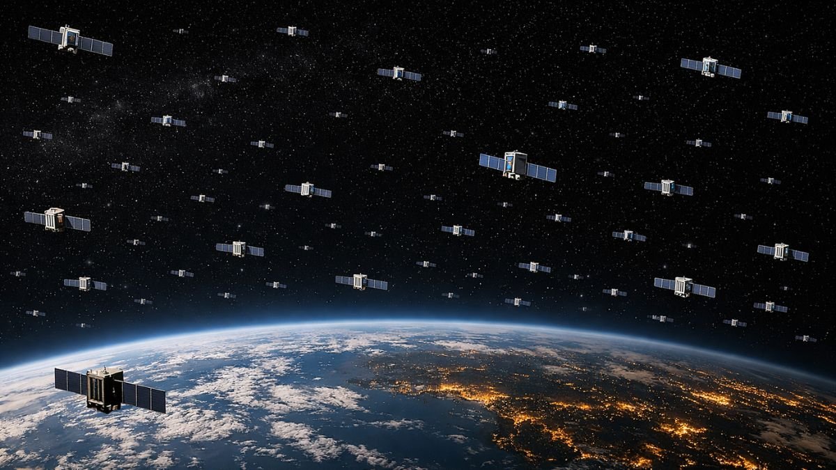 Large satellite constellation in orbit above Earth representing the unprecedented scale of commercial space infrastructure used by military forces
