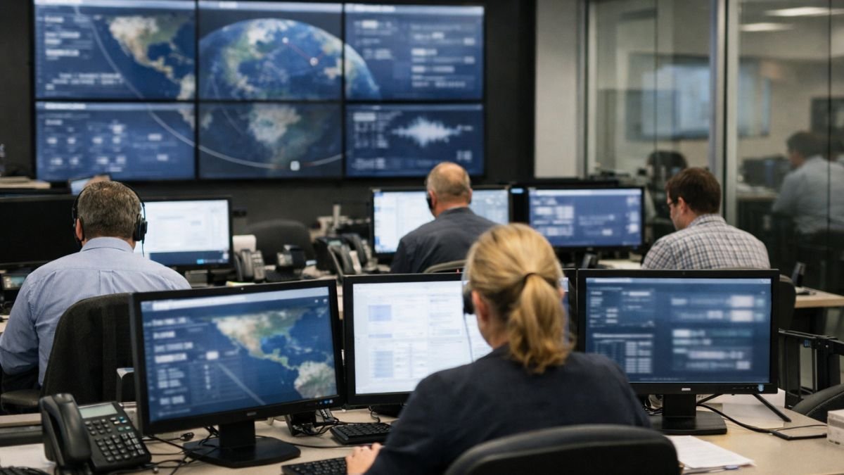Corporate satellite operations centre representing private sector control over military-critical commercial satellite infrastructure
