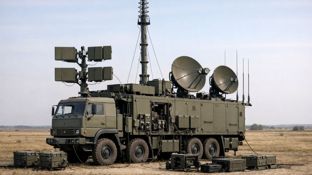 Electronic warfare signal interference equipment representing GPS jamming and spoofing operations against satellite navigation systems