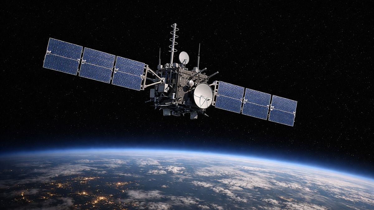 A GPS navigation satellite in medium Earth orbit represents the vulnerability of satellite navigation systems to electronic warfare jamming and spoofing