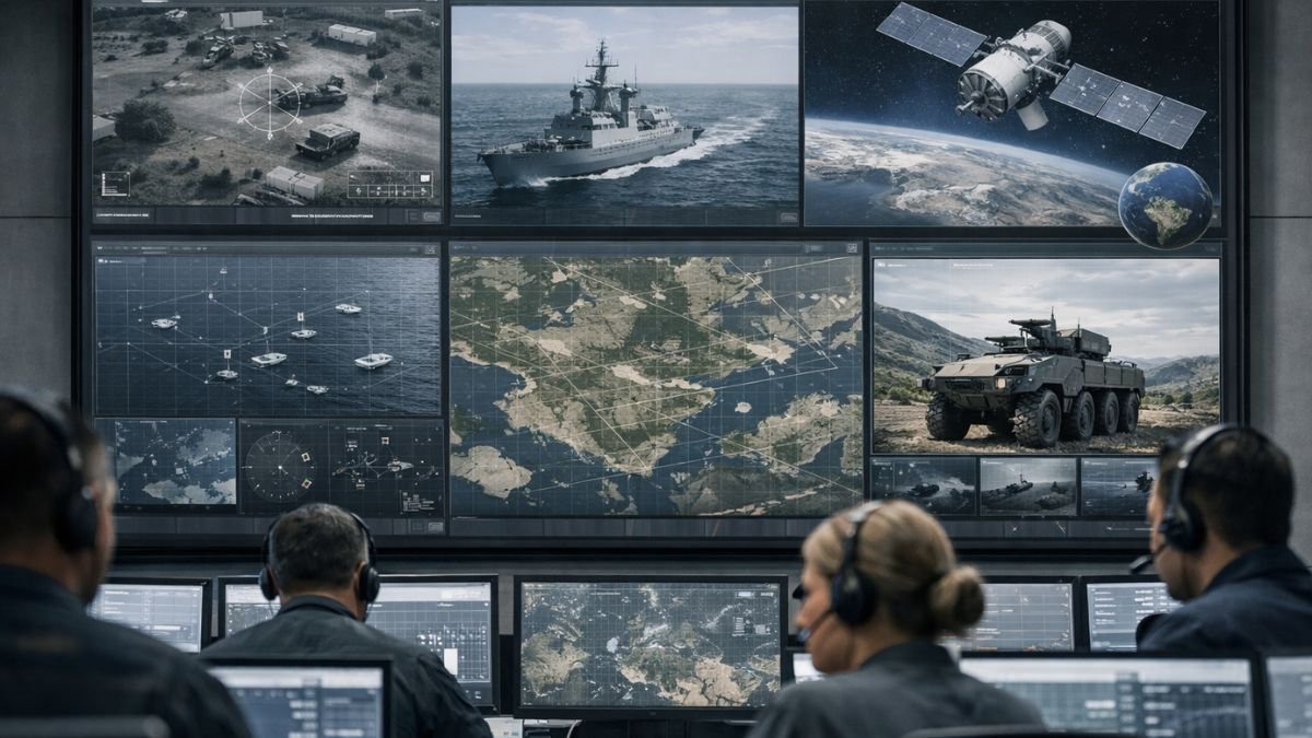 Military operations centre displaying integrated multi-domain command network across air sea land and space systems