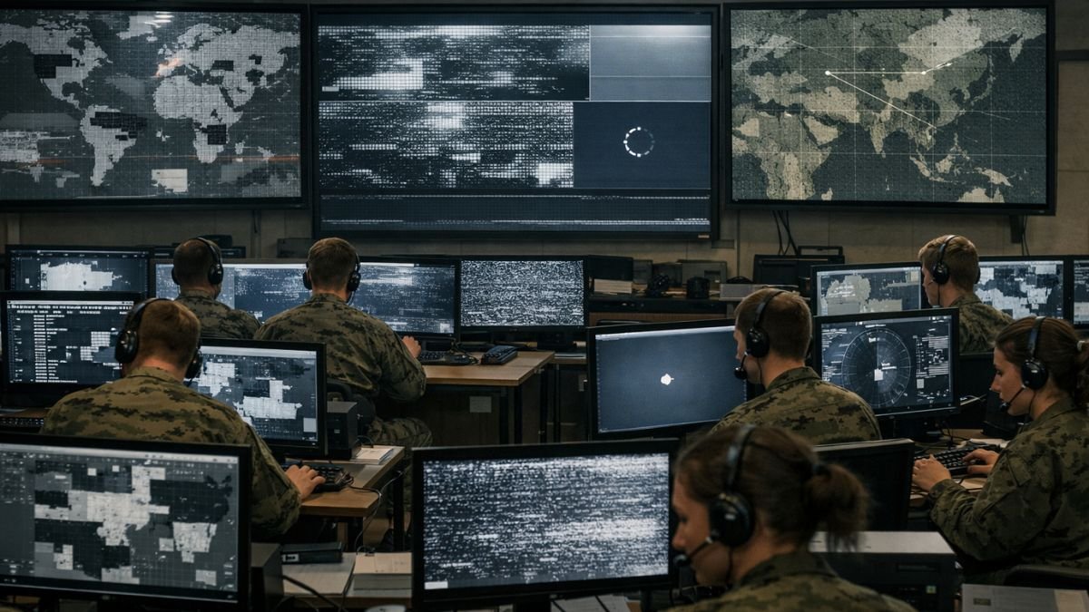 Military command centre with degraded data feeds and disrupted communications representing vulnerabilities in JADC2 network