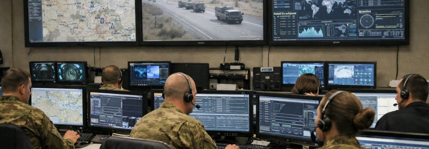 Military command operations centre showing real-time data integration across multiple screens representing JADC2 joint all-domain command and control