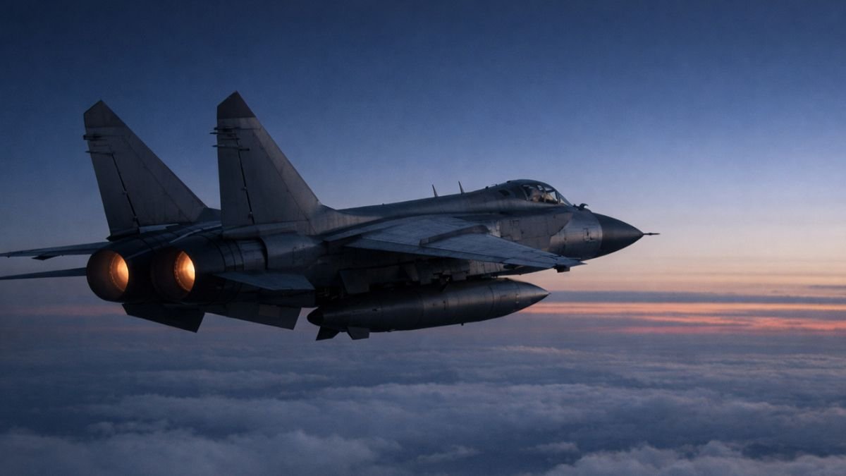 Military interceptor aircraft carrying a large air-launched missile during high-altitude flight at dusk