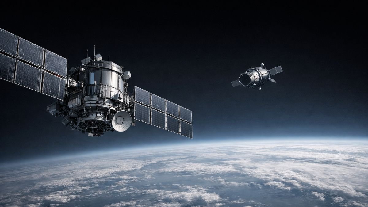 Satellite under threat in orbit representing missile warning satellite vulnerability to counterspace attack and nuclear escalation risk