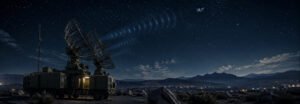 Electronic warfare ground station conducting GPS jamming and satellite signal interference operations at night