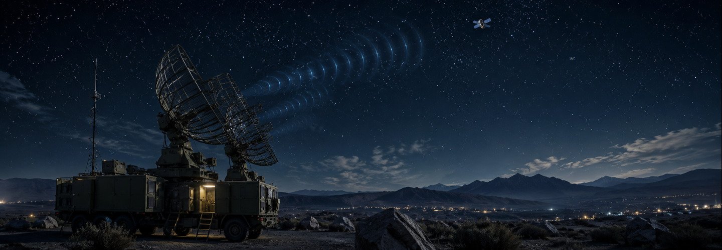 Electronic warfare ground station conducting GPS jamming and satellite signal interference operations at night