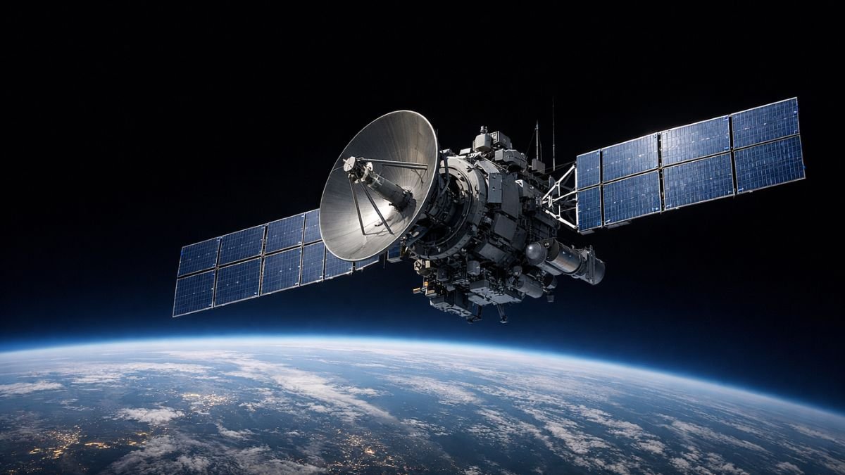 Communications satellite in low Earth orbit representing space-based infrastructure supporting JADC2 operations