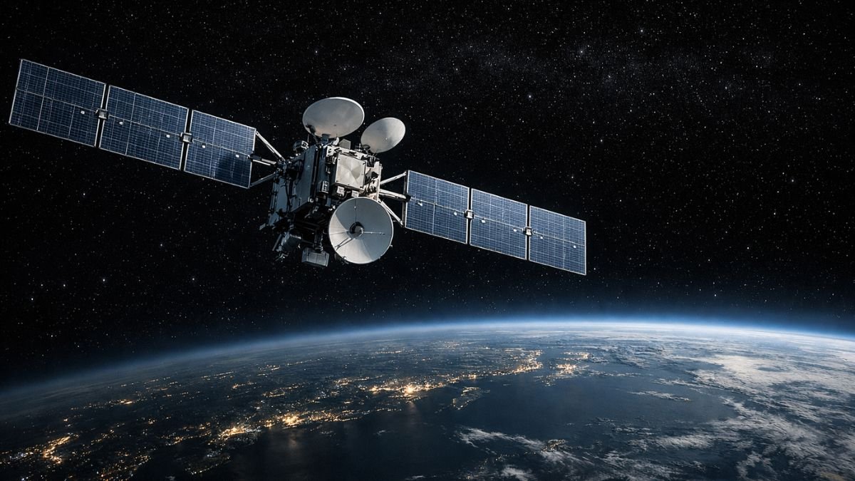 Satellite in orbit representing legal ambiguity of commercial dual-use space infrastructure under international humanitarian law
