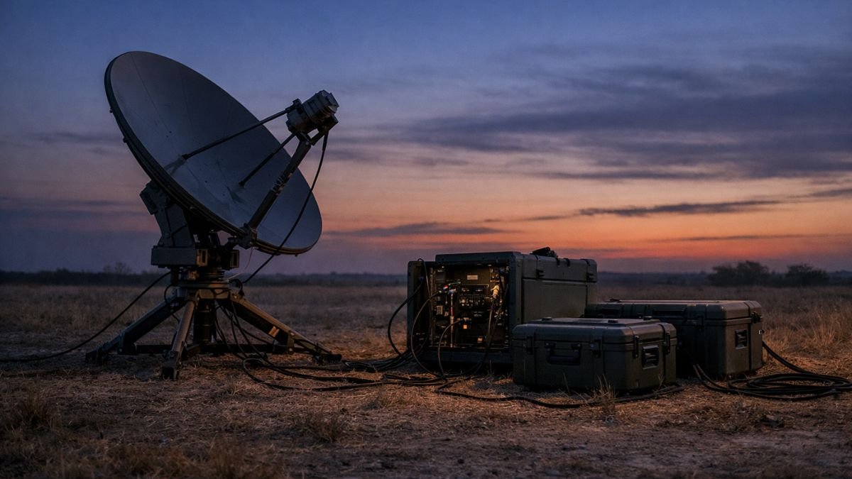 Satellite communications terminal representing commercial satellite jamming resistance and electronic warfare adaptation in modern conflict