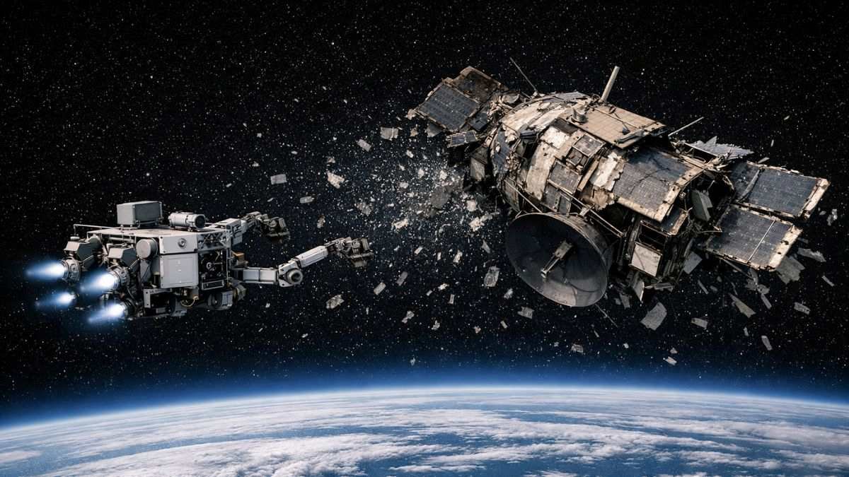 Debris removal spacecraft approaching defunct satellite representing active debris removal technology and dual-use proximity operations capability