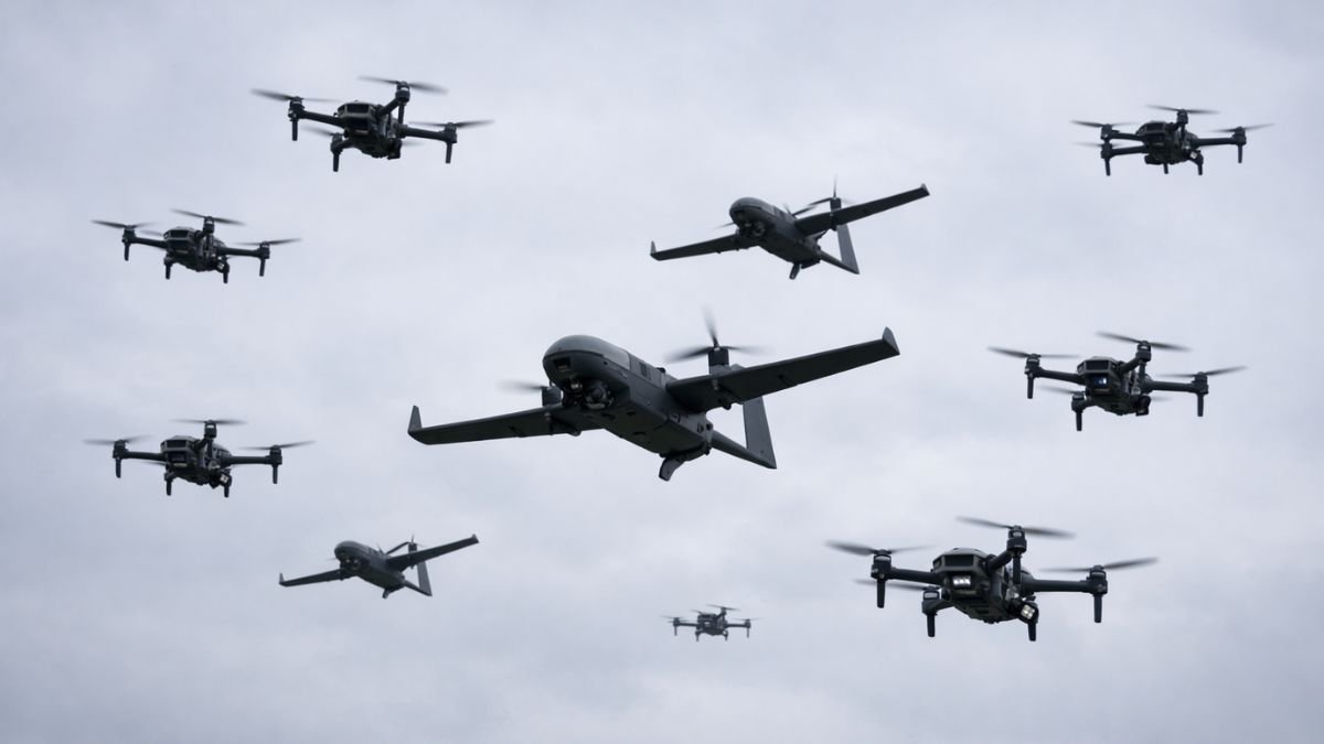 Military drone swarm in flight representing the spectrum from automated to autonomous weapons systems and coordinated machine decision-making in modern warfare
