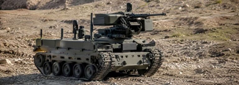 Military ground robot with a weapon system representing autonomous weapons and the ethics of lethal autonomy in modern warfare