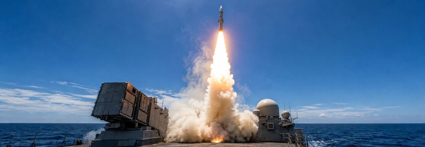 Missile interceptor launching from a naval vessel representing hypersonic missile defence systems and the challenge of intercepting hypersonic missiles.