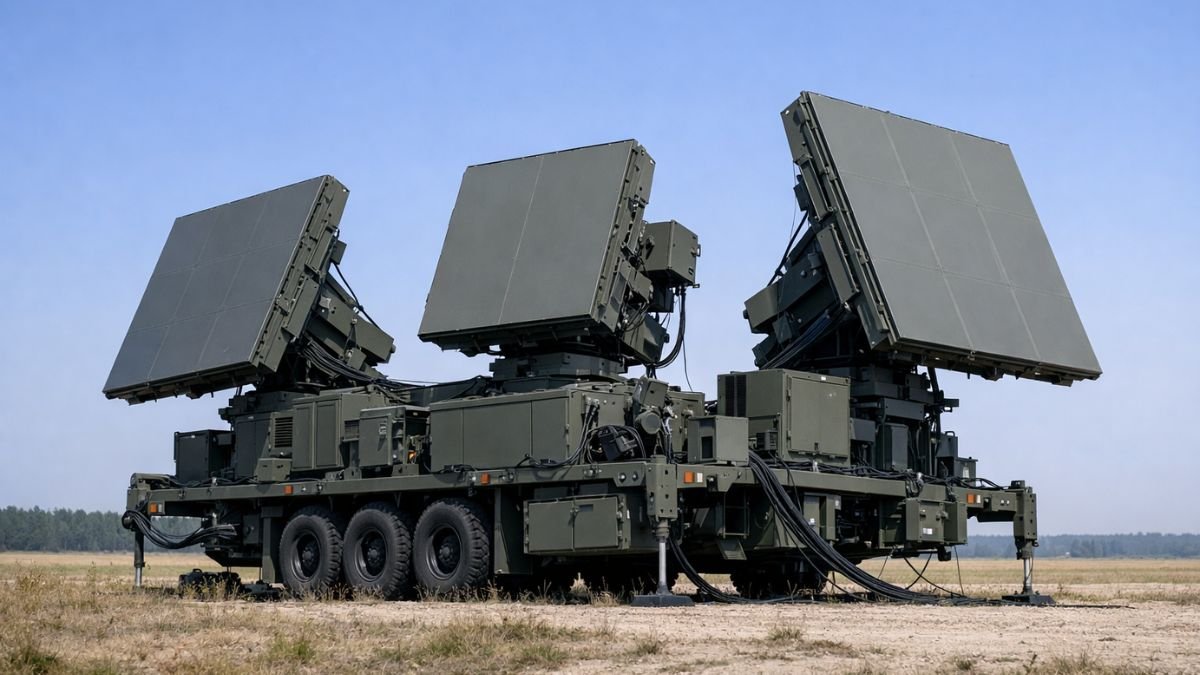 Modern military radar arrays representing integrated sensor networks and information warfare capabilities in contemporary military operations