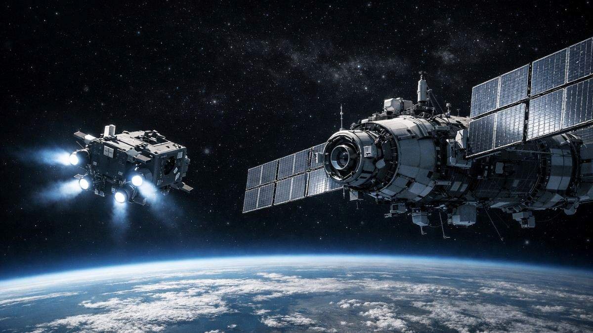 Satellite conducting proximity operations in orbit representing Russia's Nivelir co-orbital ASAT programme and Cosmos satellite series