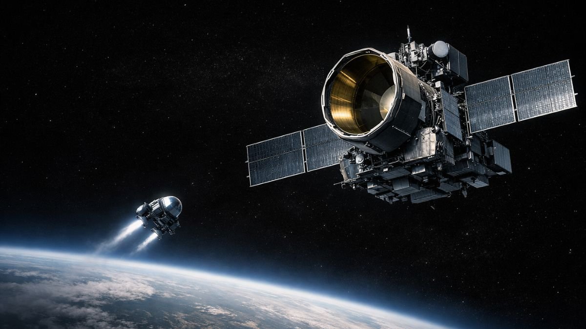 Satellite under threat in orbit representing how counterspace weapons create new pathways to nuclear instability and escalation