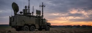 Military electronic warfare vehicle with antenna systems representing the electromagnetic battlespace and modern spectrum warfare