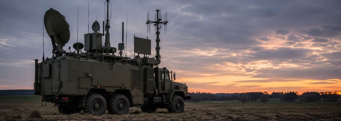 Military electronic warfare vehicle with antenna systems representing the electromagnetic battlespace and modern spectrum warfare