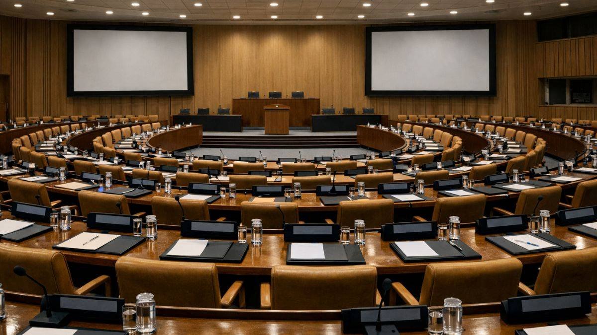An empty multilateral assembly hall representing the institutional paralysis of international governance under great power competition