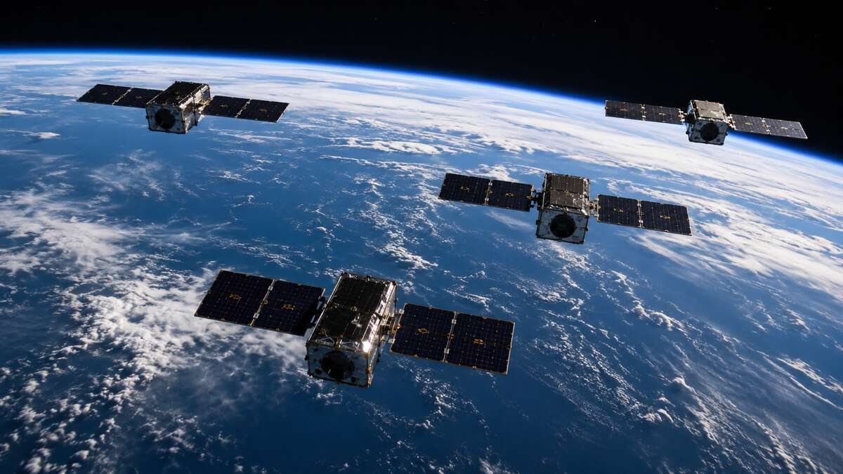 Multiple military satellites in low Earth orbit constellation representing HBTSS and PWSA hypersonic tracking layer architecture
