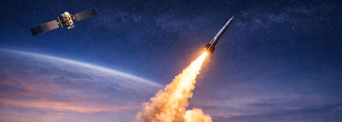 Missile interceptor ascending toward an orbiting satellite representing India's Mission Shakti ASAT capability and military space security