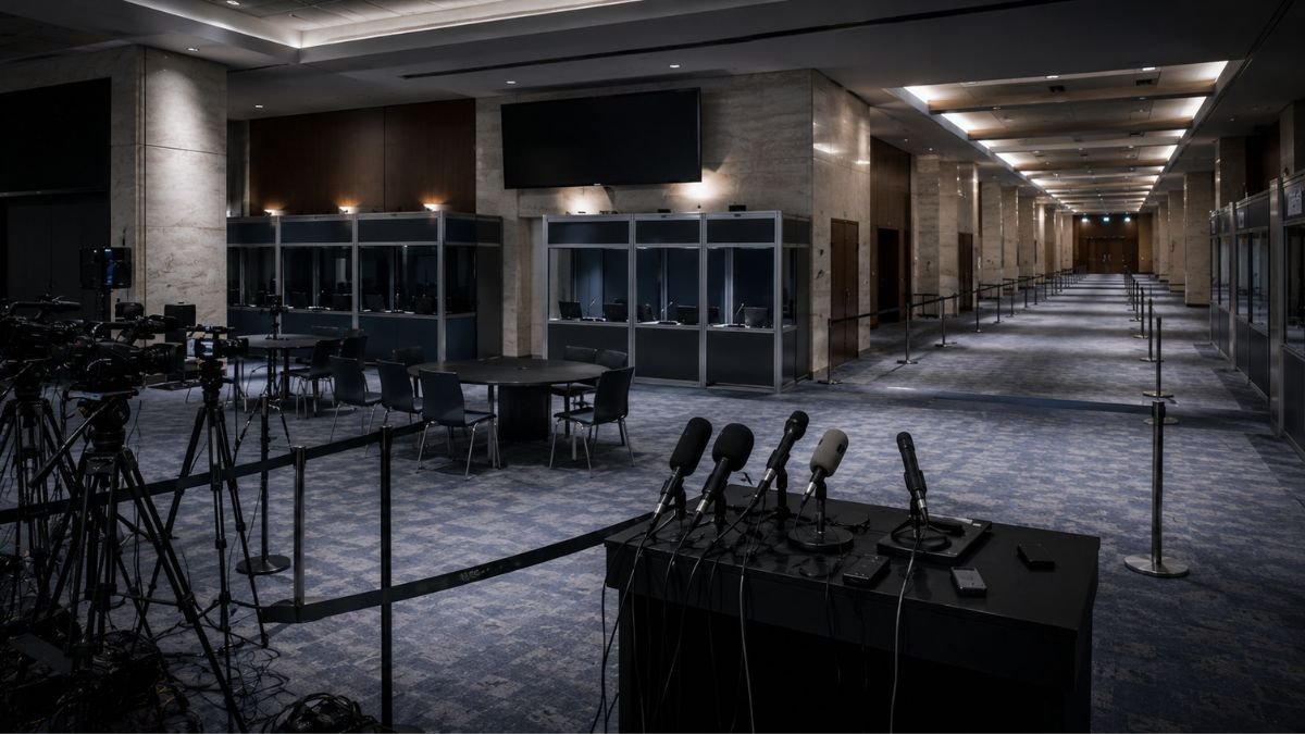 An empty international media briefing area and conference corridor representing stalled diplomacy and institutional erosion in great power competition