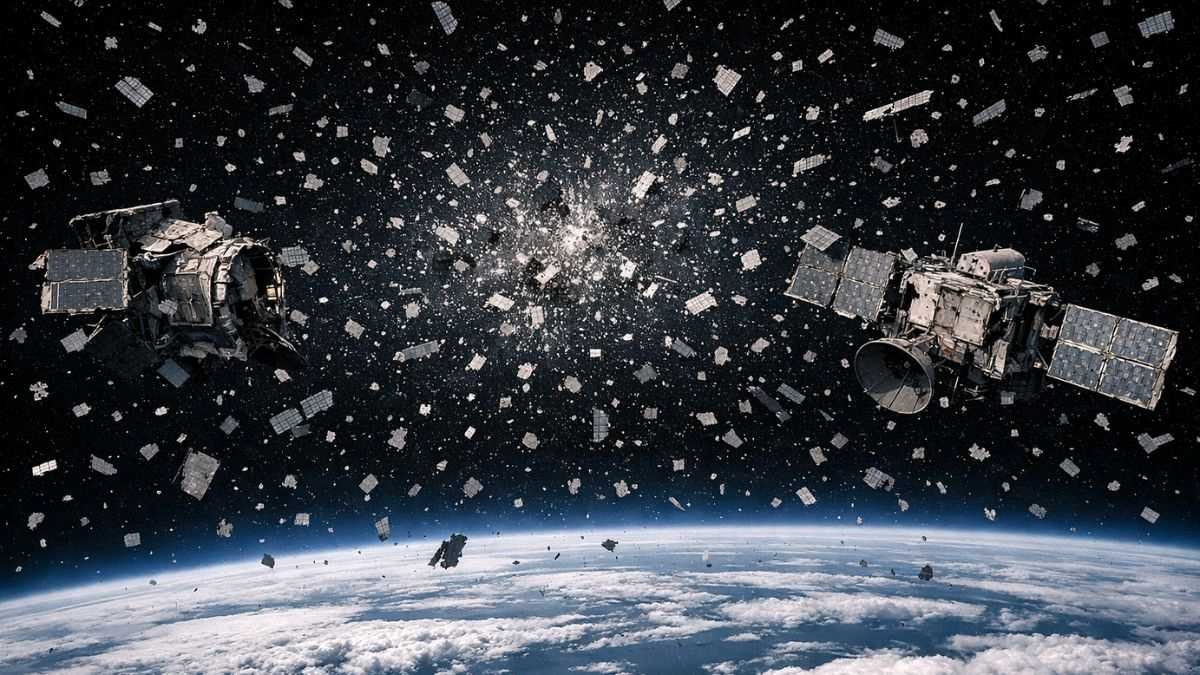 Satellite collision debris cloud representing the Kessler Syndrome cascade risk in critically congested orbital regimes