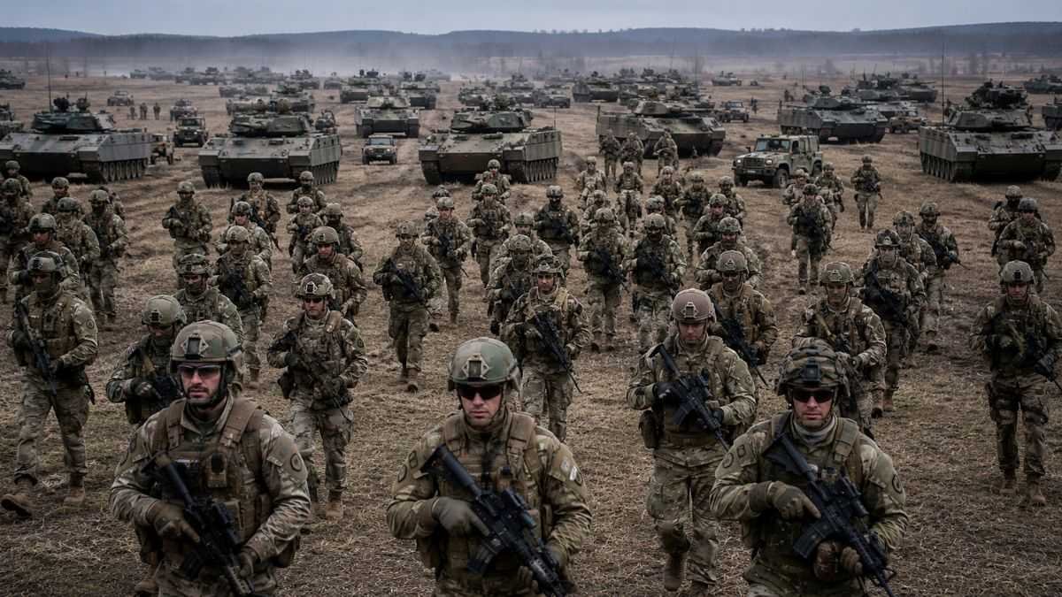 NATO allied military forces participating in a large multinational exercise representing alliance cohesion, interoperability, and the structural tensions of collective defence
