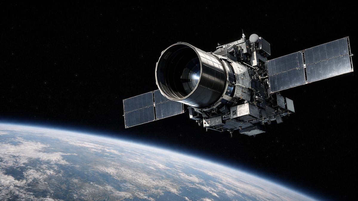 Reconnaissance satellite in orbit representing the transparency function of space systems in nuclear deterrence stability