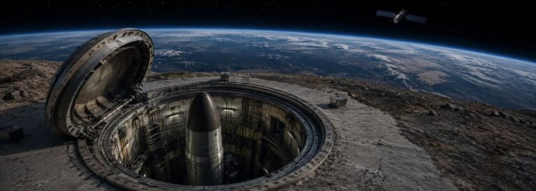 Nuclear missile silo and satellite in orbit representing nuclear deterrence in the space age and orbital warfare stability