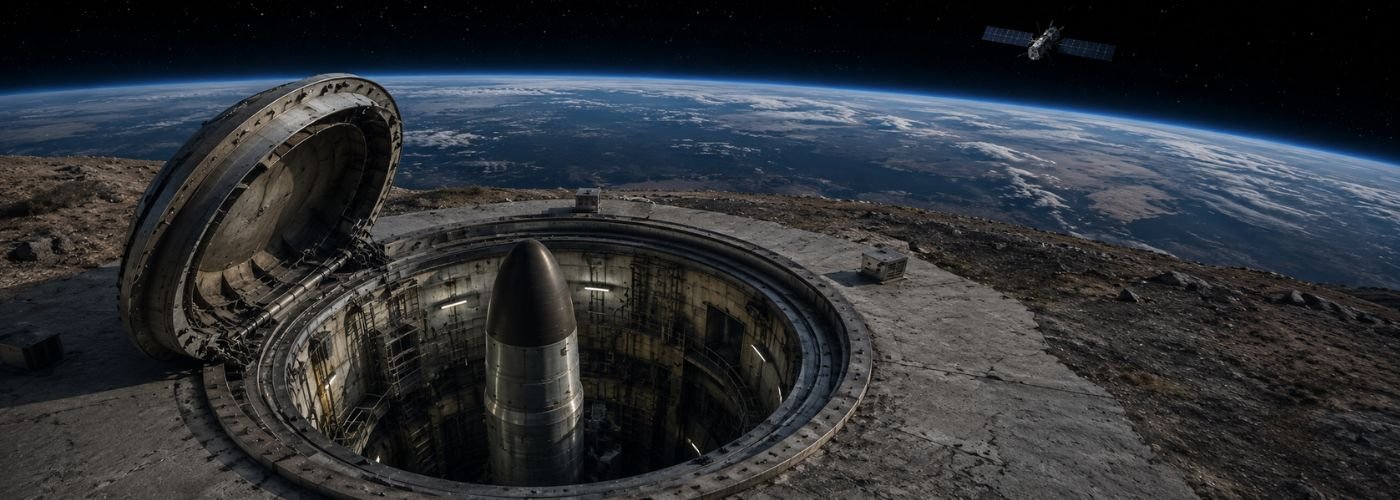Nuclear missile silo and satellite in orbit representing nuclear deterrence in the space age and orbital warfare stability