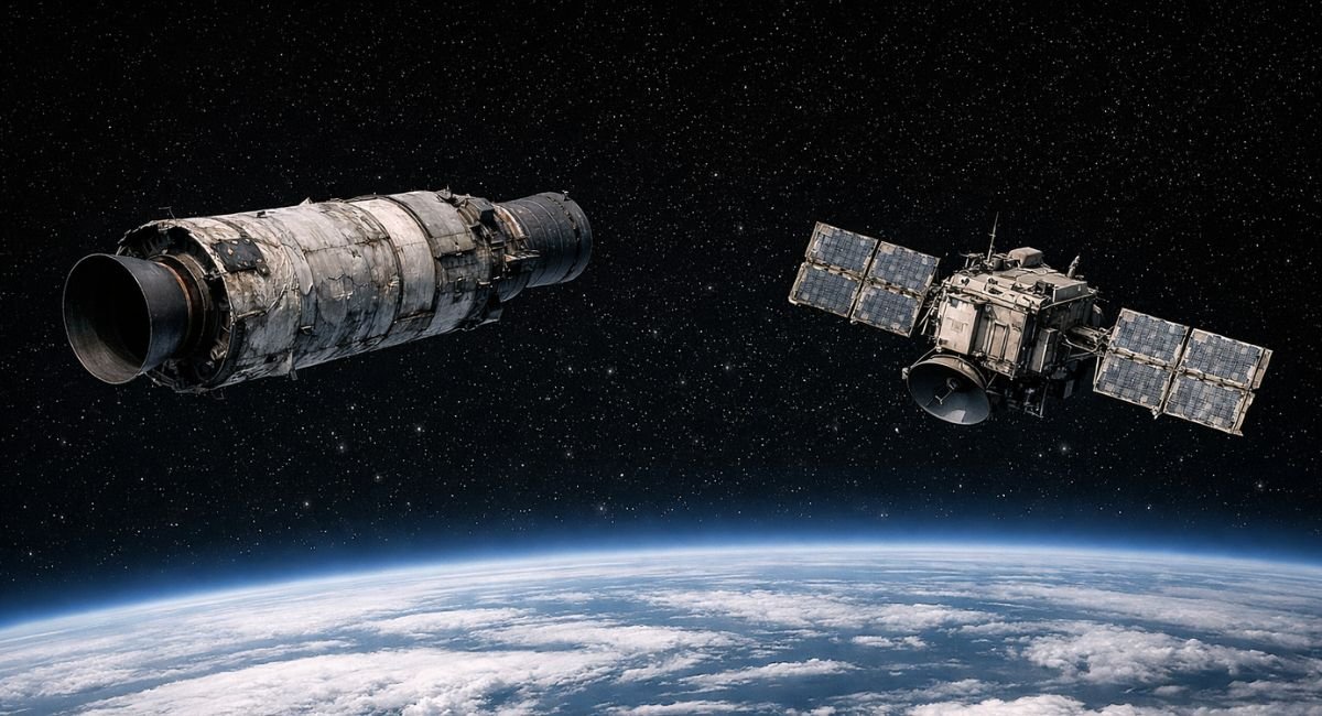 Defunct satellite and rocket stage in orbit representing the historical origins of the orbital debris environment