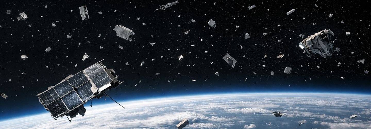 Orbital debris field in low Earth orbit representing the strategic constraints of space warfare