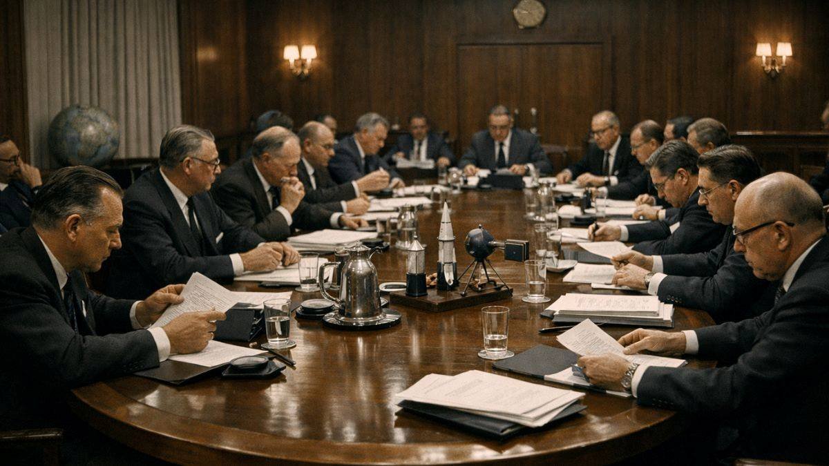 Cold War era diplomatic meeting representing the 1967 Outer Space Treaty negotiation and signing context